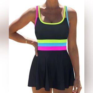 POPVIL One Piece Swimsuit Swim Dress Women’s Size XL Neon *Small Hole See Pic*